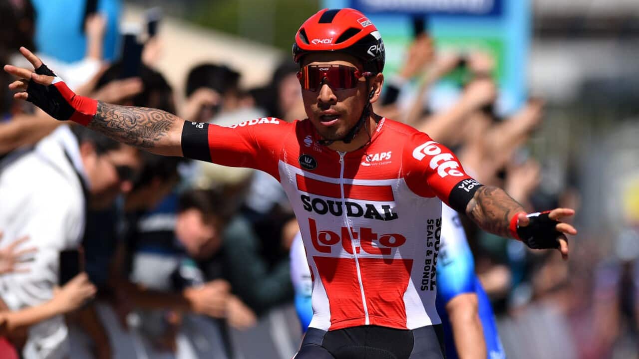 Caleb Ewan celebrates his Tour of Turkey win