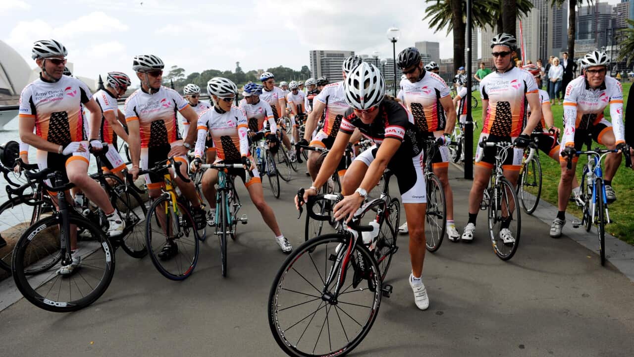 Australian cyclist and Commonwealth Games Gold Medallist Rochelle Gilmore prepares to take part in the Amy Gillet Foundation's Share the Road Tour charity ride in Sydney, Tuesday, Nov. 9, 2010. (AAP)