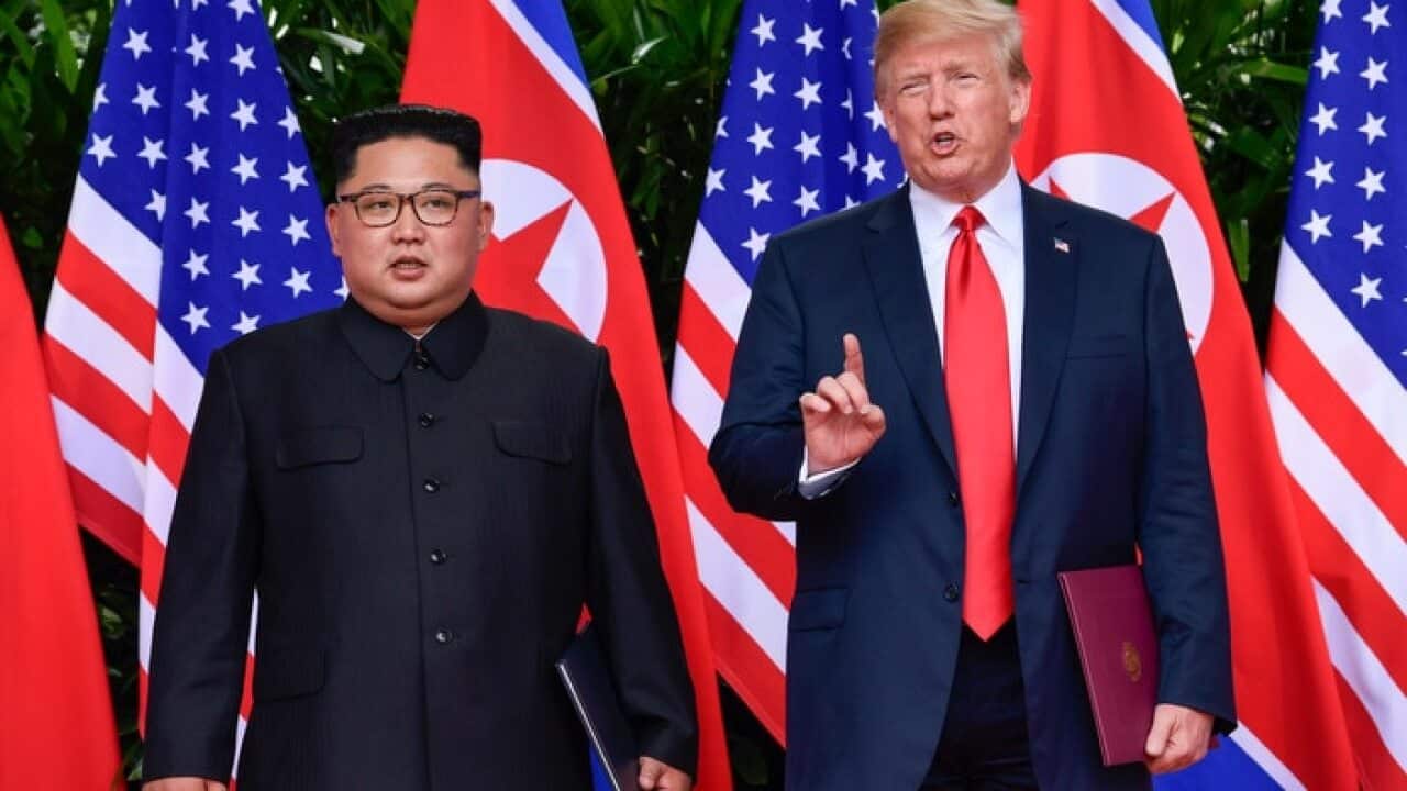US President Donald Trump makes a statement before saying goodbye to North Korea leader Kim Jong Un.
