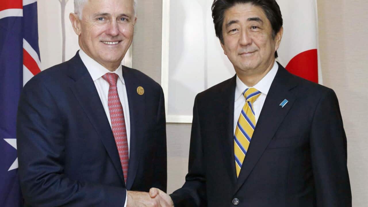 Japanese PM Shinzo Abe (R) and Australian PM Malcolm Turnbull