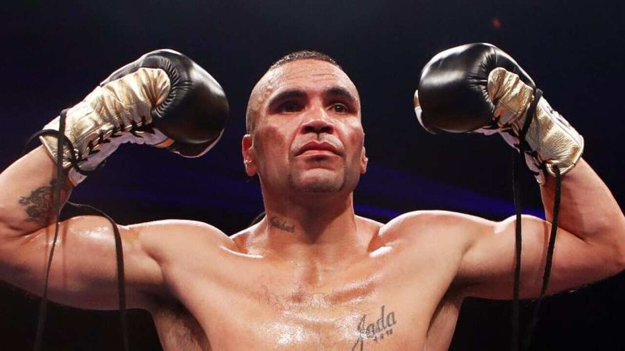 Anthony Mundine reacts after defeating Tommy Browne.