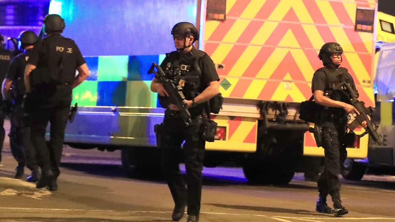 Armed police at Manchester Arena after reports of an explosion at the venue during an Ariana Grande gig.. Picture date: Tuesday May 23, 2017. See PA story POLICE Explosion. Photo credit should read: Peter Byrne/PA Wire