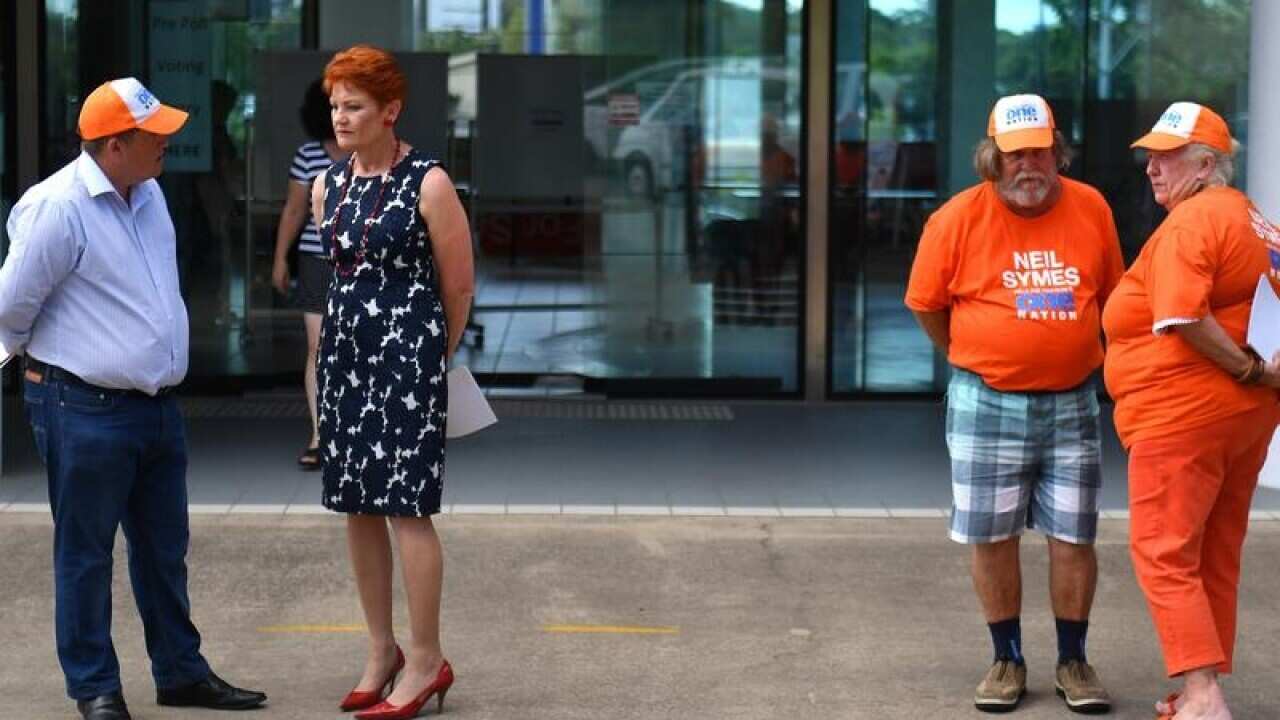 One Nation leader Pauline Hanson outside a polling station.