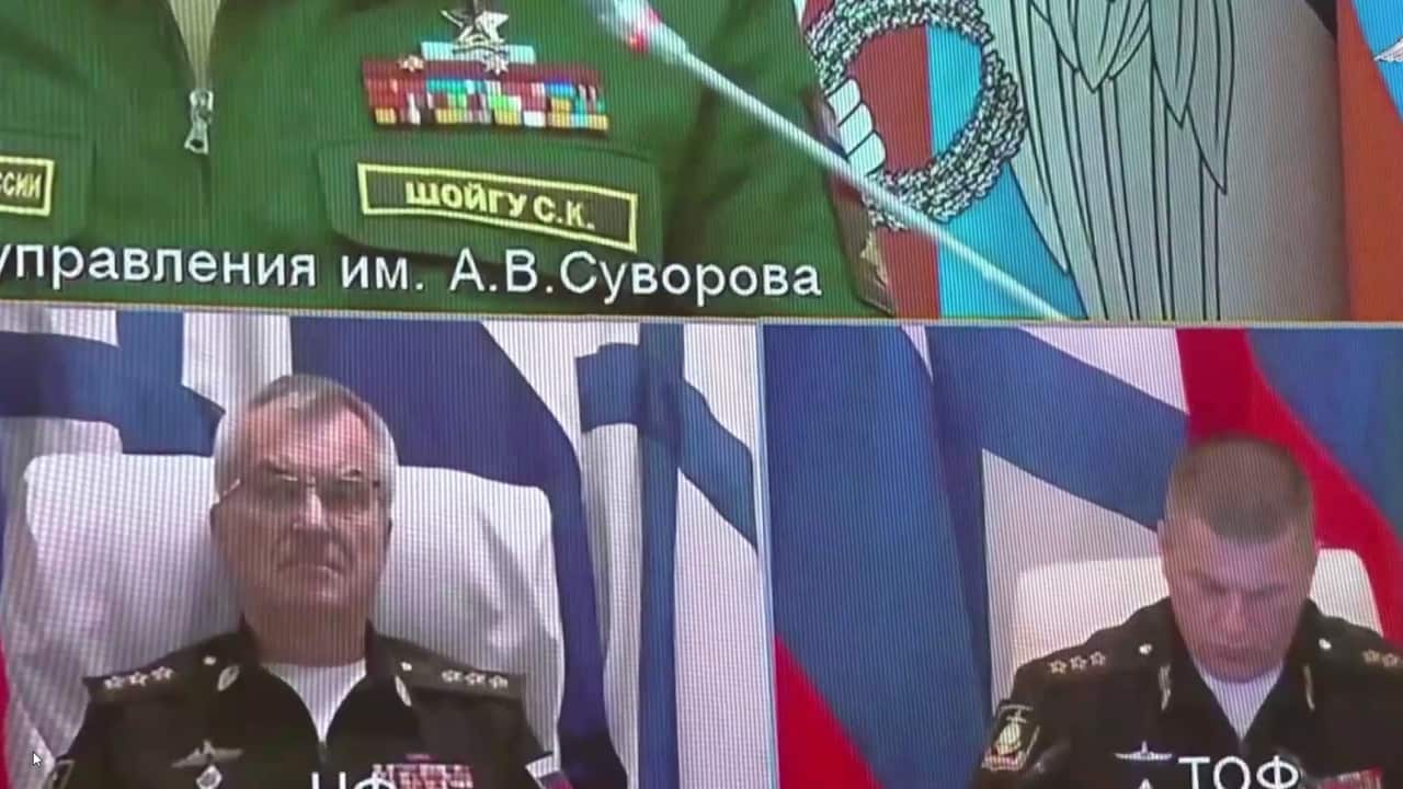 A screengrab from a video meeting of the Russian military. On the bottom left hand side of the screen is Viktor Sokolov.