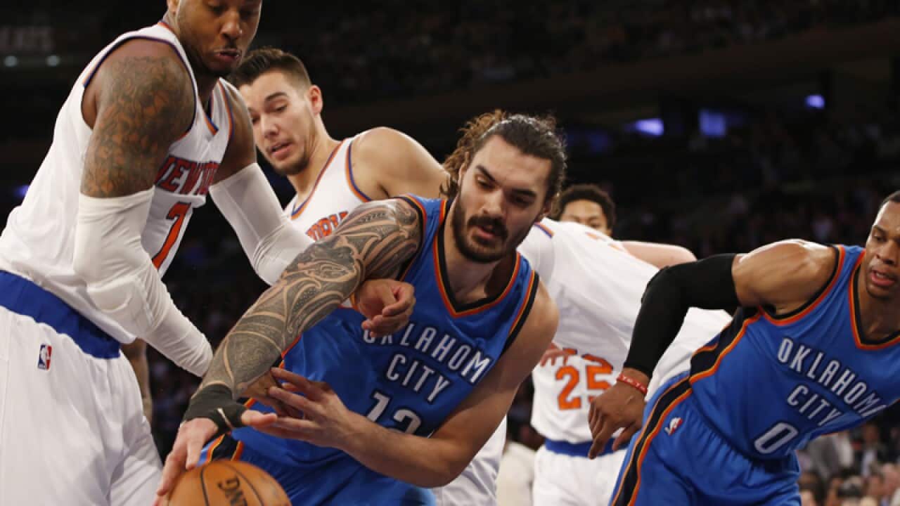 Thunder's Russell Westbrook and Thunder center Steven Adams