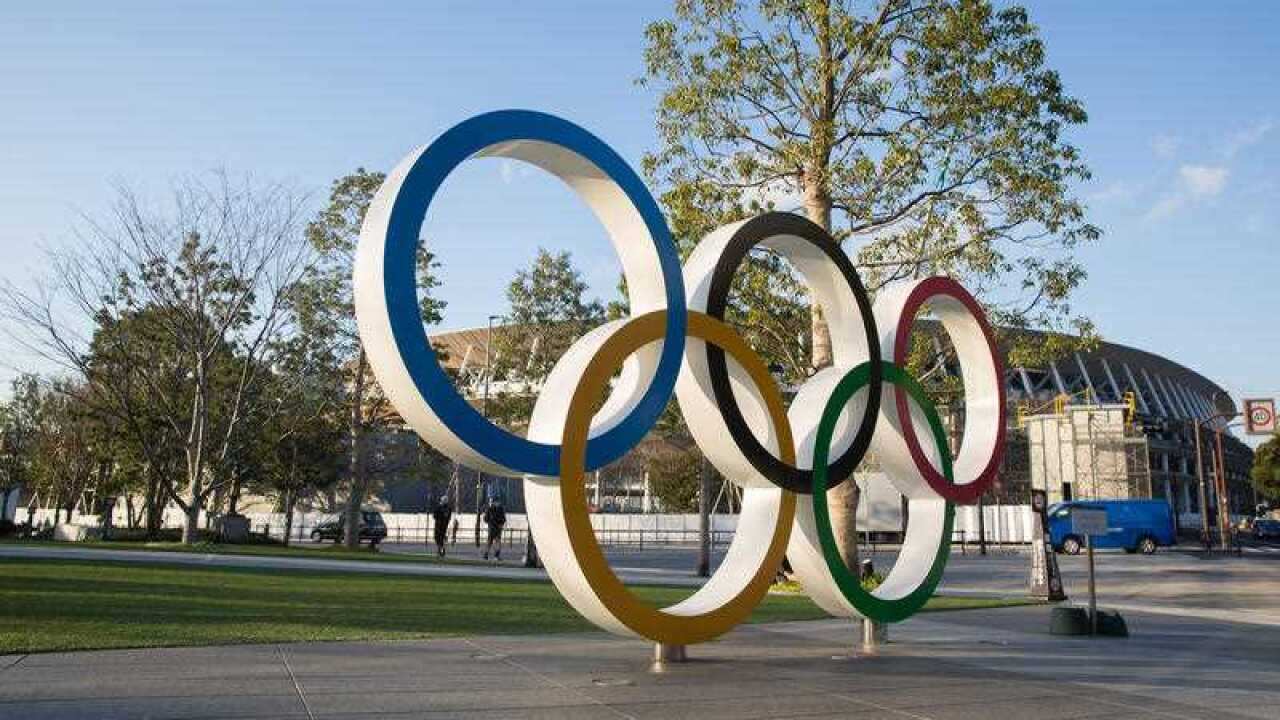 View of the Olympic Rings near the new National Stadium in Kasumigaoka, Shinjuku, Tokyo