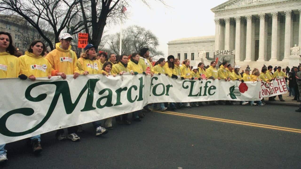 Activists outside the Supreme Court on the day in 1973 that Roe v. Wade was decided.