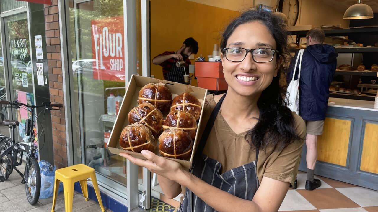 Anu Haran with some of her hot cross buns (SBS-Sandra Fulloon)