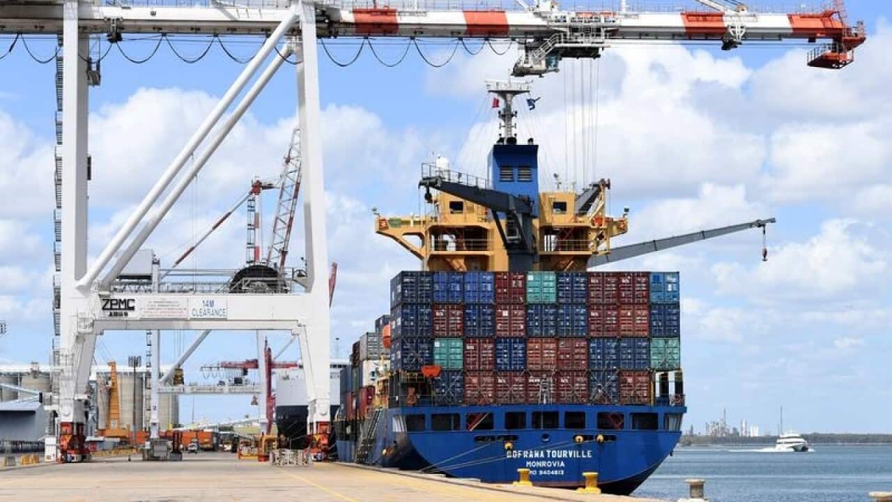 A container ship docked at the Port of Brisbane.