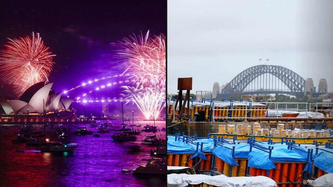 A view of the Sydney Harbour bridge on the left during the 2021 NYE fireworks. On the right, the Harbour bridge is seen today ahead of the 2022 NYE fireworks.