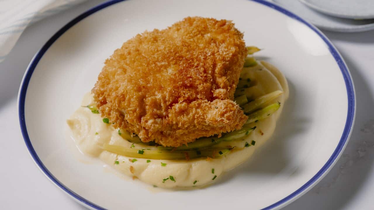Chicken kiev with buttery mash and yellow beans