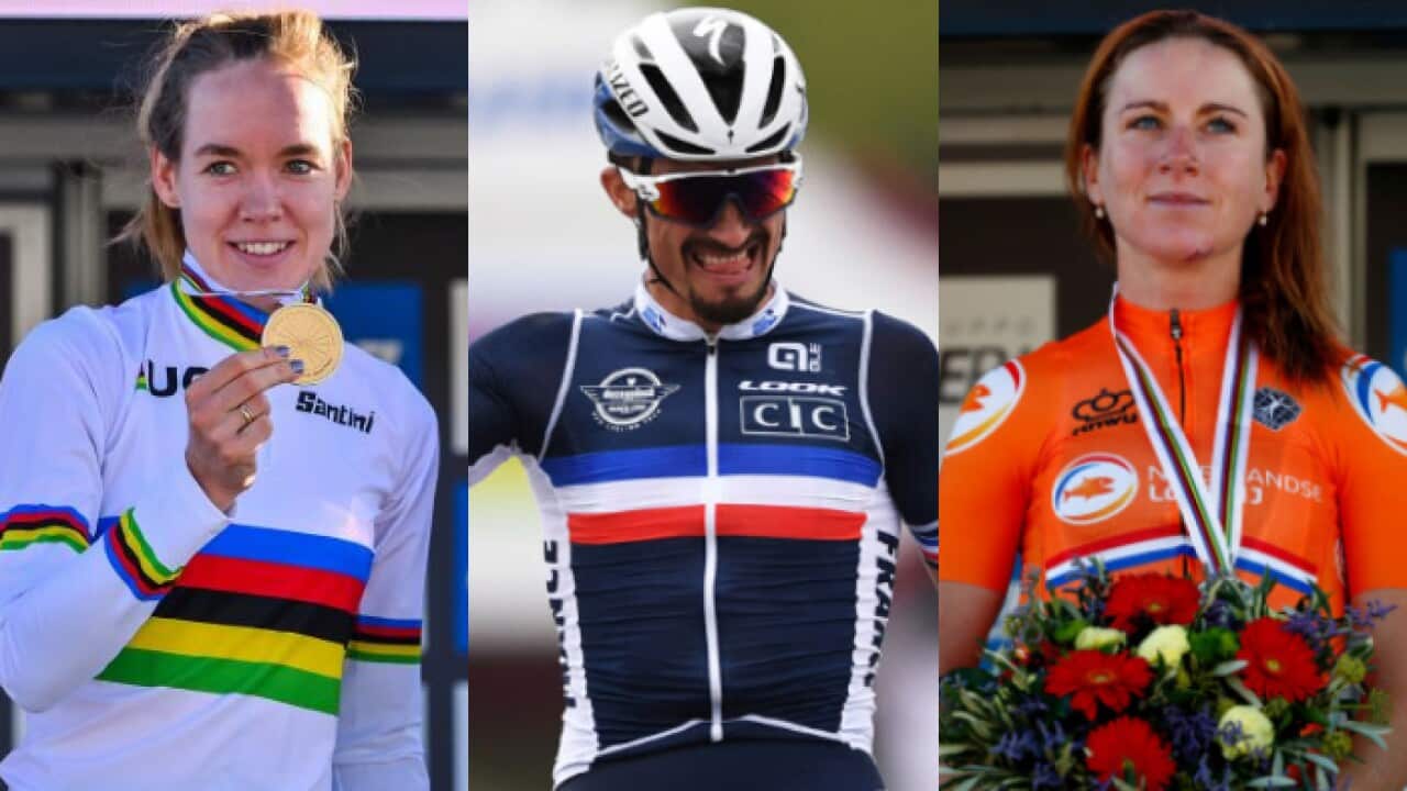 (L-R) Anna van der Breggen, Julian Alaphilippe and Annemiek van Vleuten