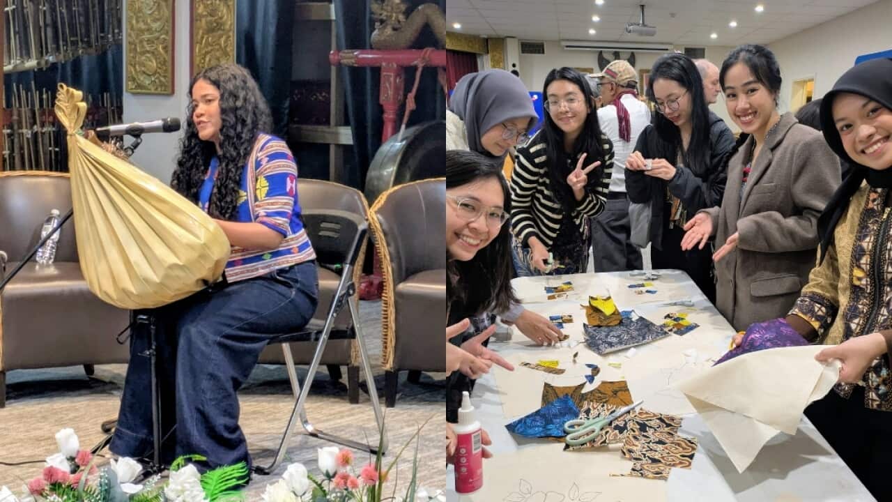 Scenes from Nusantara in Melbourne 2026, featuring angklung workshops, traditional music performances, and cultural activities organised by AIYA Victoria at KJRI Melbourne. Credit_ SBS Indonesian_Anne Parisianne.jpg