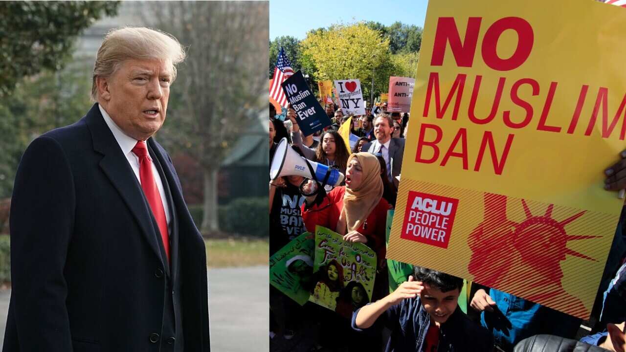 Composite image: US president Donald Trump, and a file image from an October protest against the ban