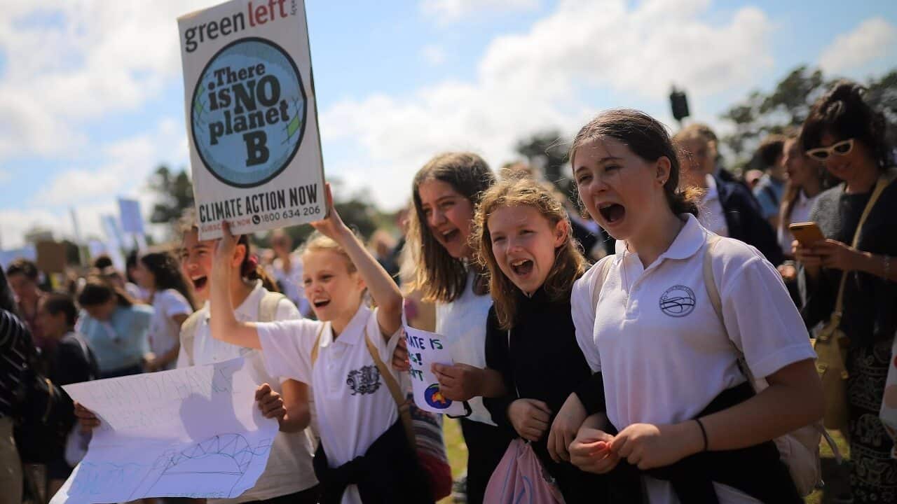 Protesters with placards participate in The Global Strike 4 Climate rally in Sydney.