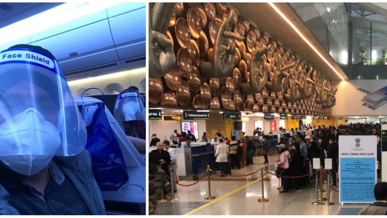 Passengers arriving at New Delhi Airport despite coronavirus challenges.