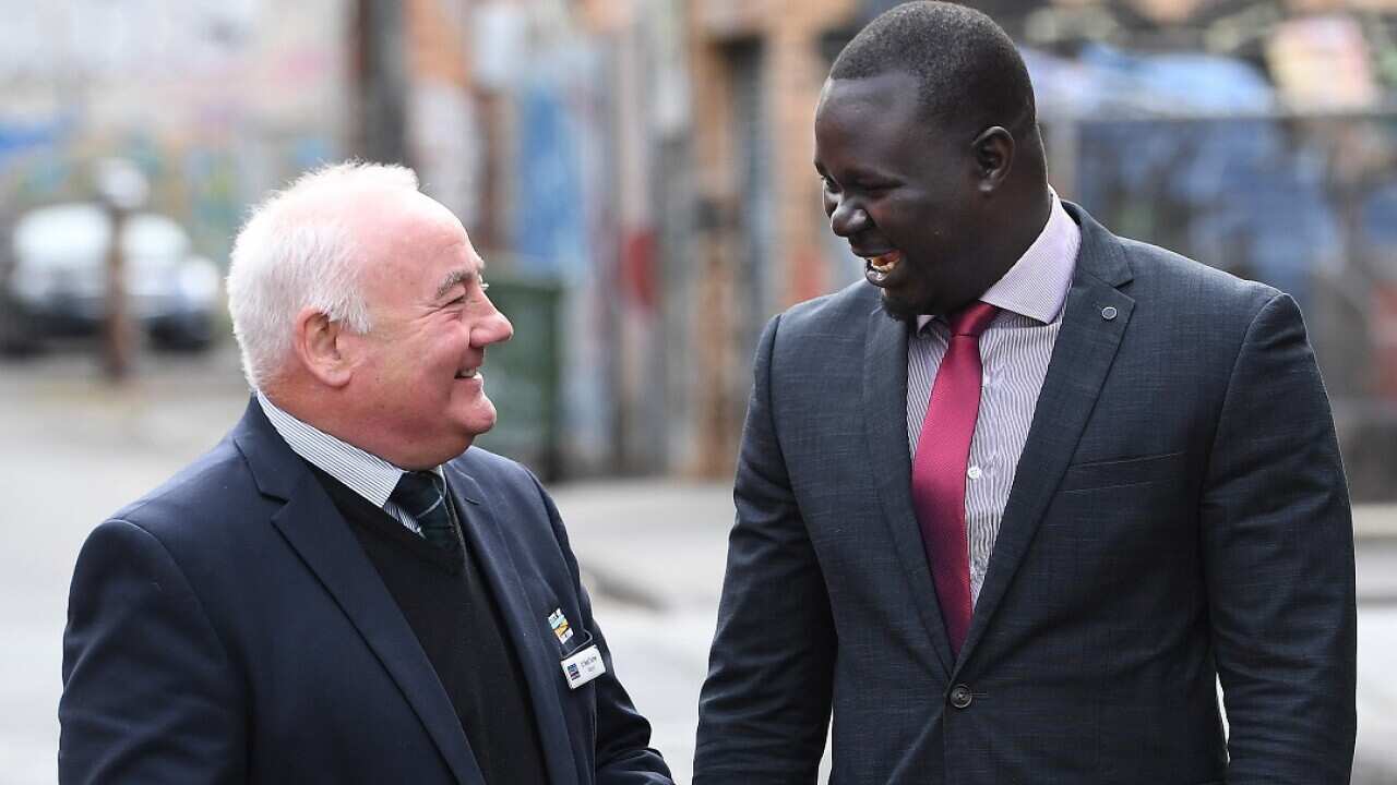 City of Melton Mayor Bob Turner (left) and South Sudanese community leader Maker Mayek are jointly calling for an end to media panic over "African gangs".