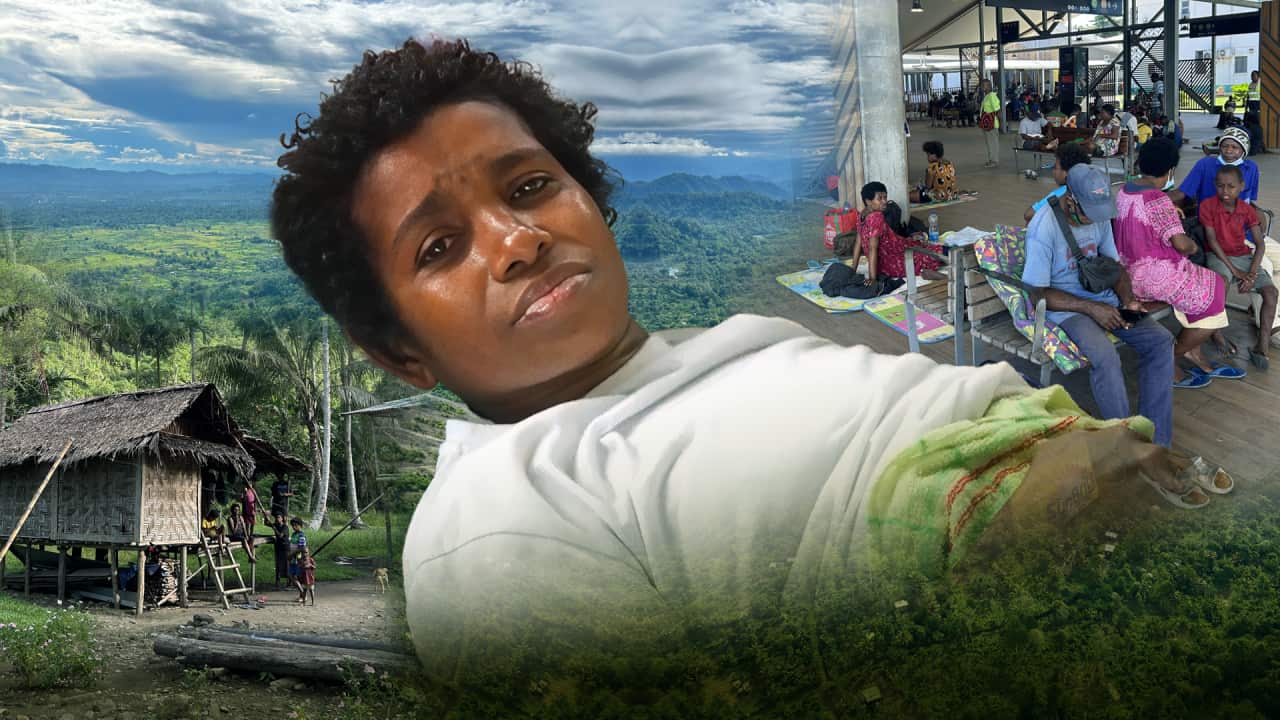 A series of composite image - on the left is a thatched building amongst dense green rainforest. In the centre is a woman lying down with a hand on her stomach. She has an expression of pain on her face. On the right is a hospital waiting area with people sat on wooden benches and the ground.
