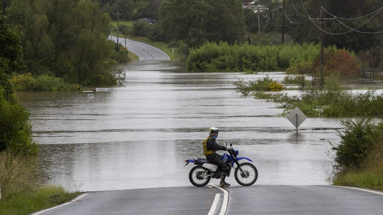 A motorcyclist progress is blocked by a flooded road at Old Pitt Town, north west of Sydney.