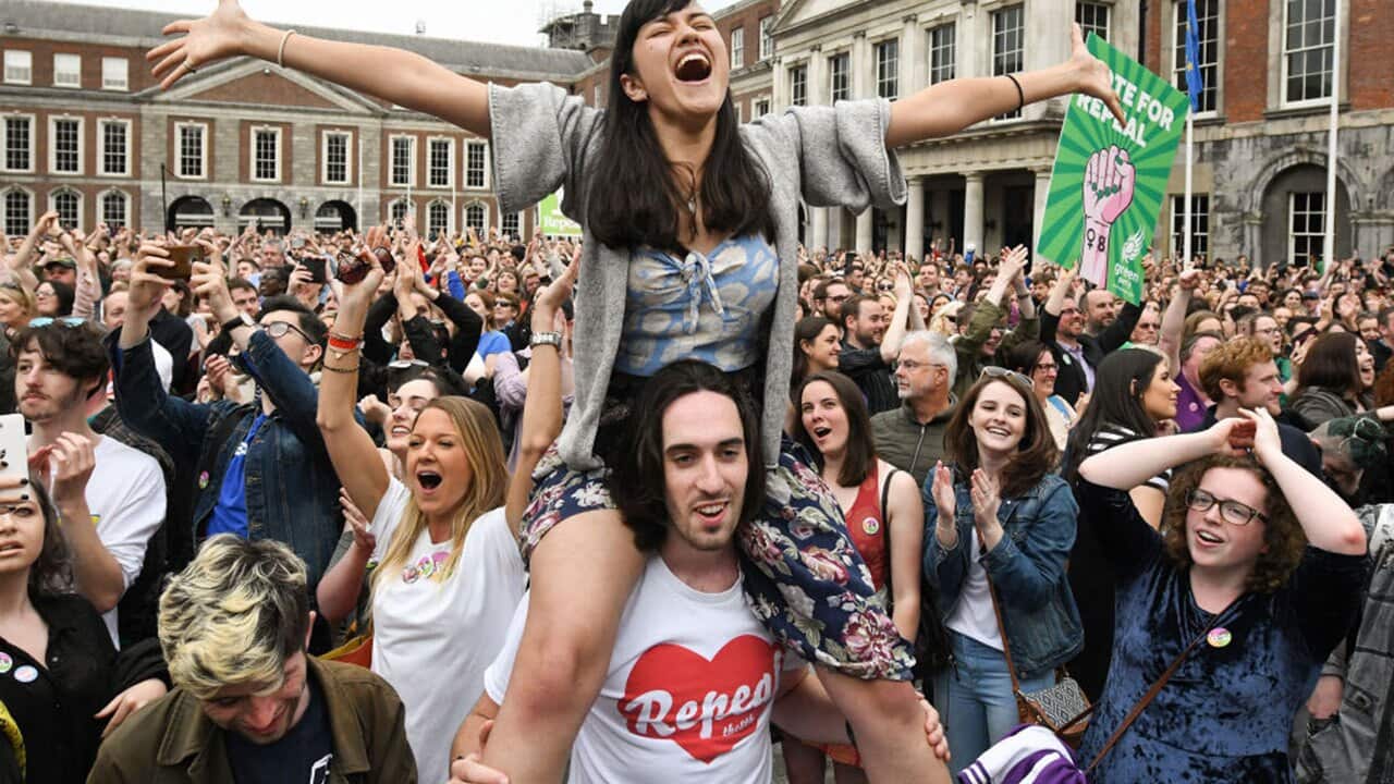 Supporters celebrate at Dublin Castle following the result Irish referendum result on the 8th amendment.