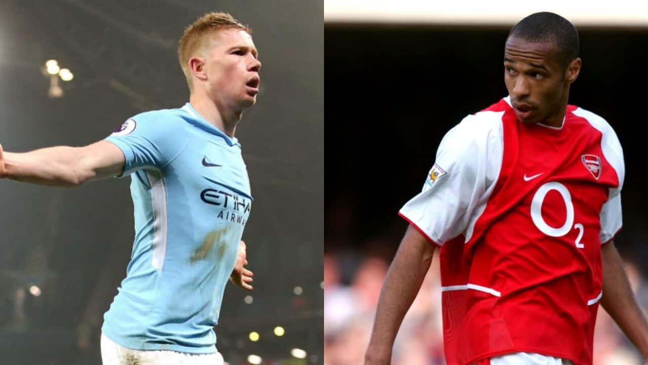 Man City's Kevin De Bruyne (L) and former Arsenal player Thierry Henry
