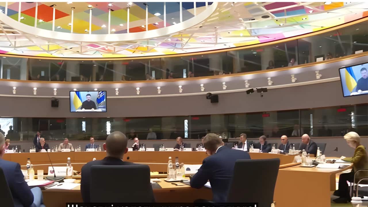 President Zelenskyy addresses the European Council by video link (AP).png