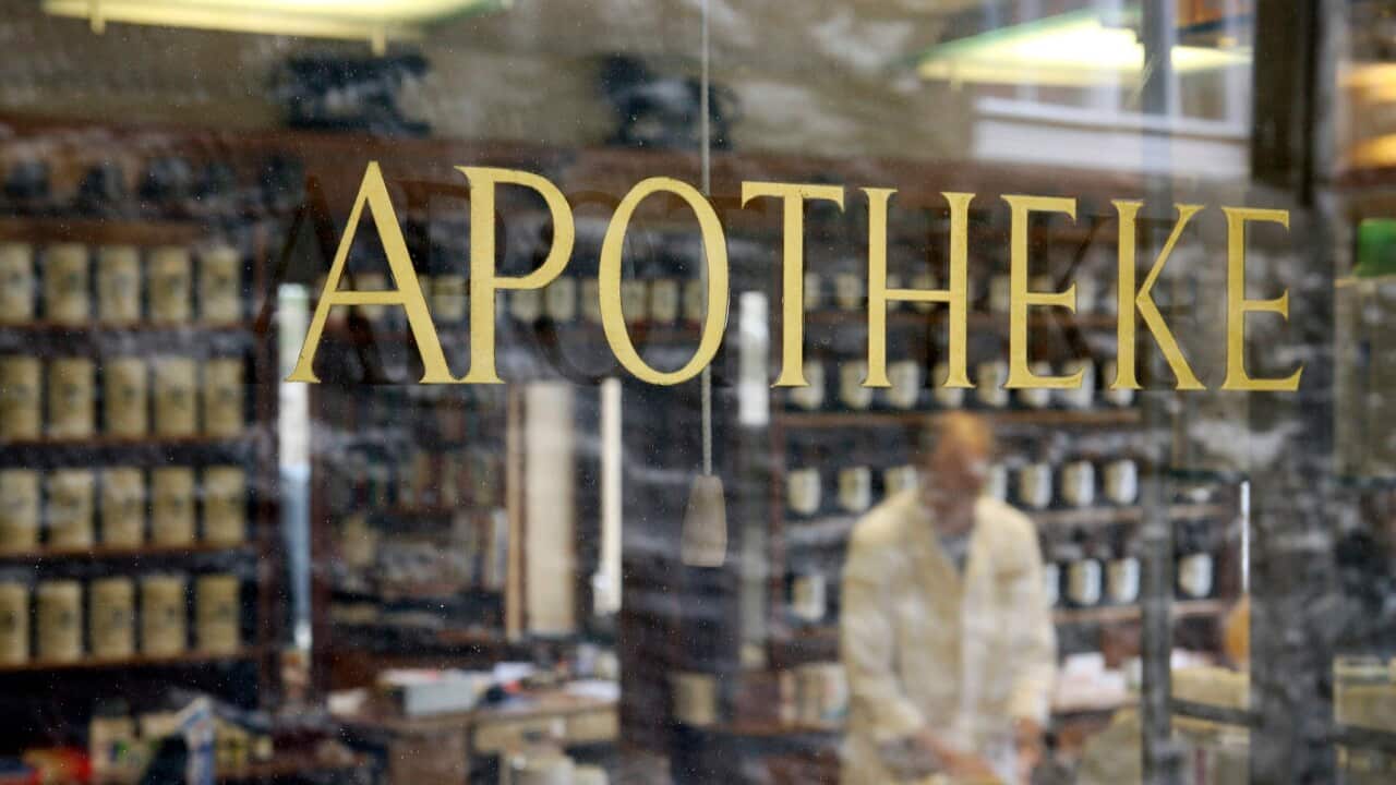 Shop window of German pharmacy (Apotheke) in Schwabisch Hall, Baden-Württemberg, Germany