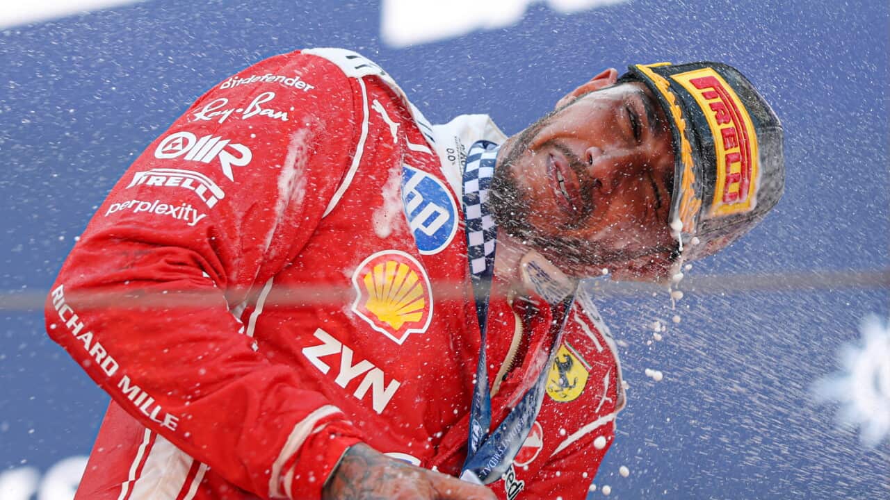 Lewis Hamilton (GBR) of Scuderia Ferrari celebrates his win at the Formula 1 Grand Prix of Barcelona 2026 on June 14, 2026