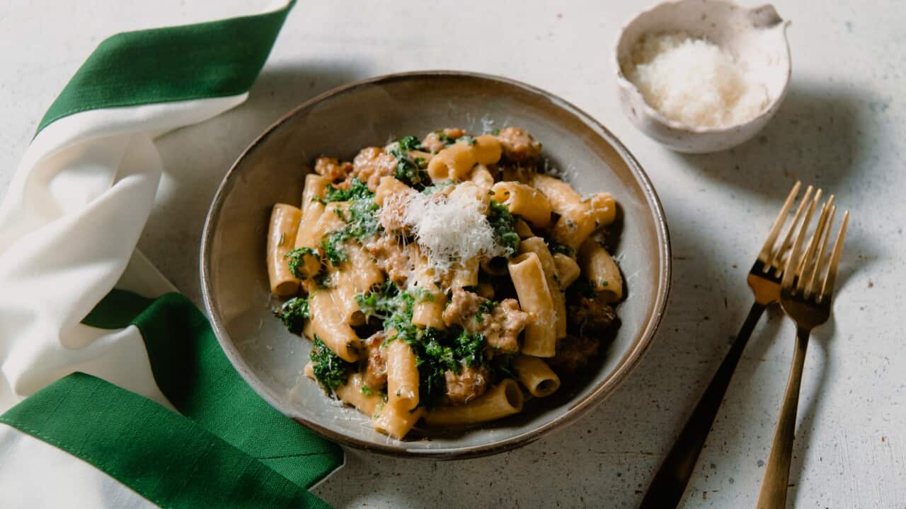 Rigatoni with pork sausage, chilli, kale and pecorino