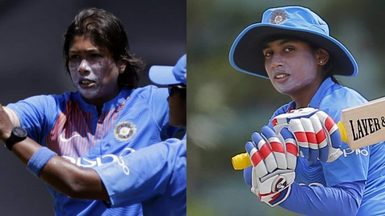 India's Jhulan Goswami, center celebrates after Australia's Beth Mooney's wicket during the Women's T20 Triangular Series in Mumbai, India, Thursday, March. 22, 2018. India's Mithali Raj plays a shot during the first Twenty20 women's cricket match agai