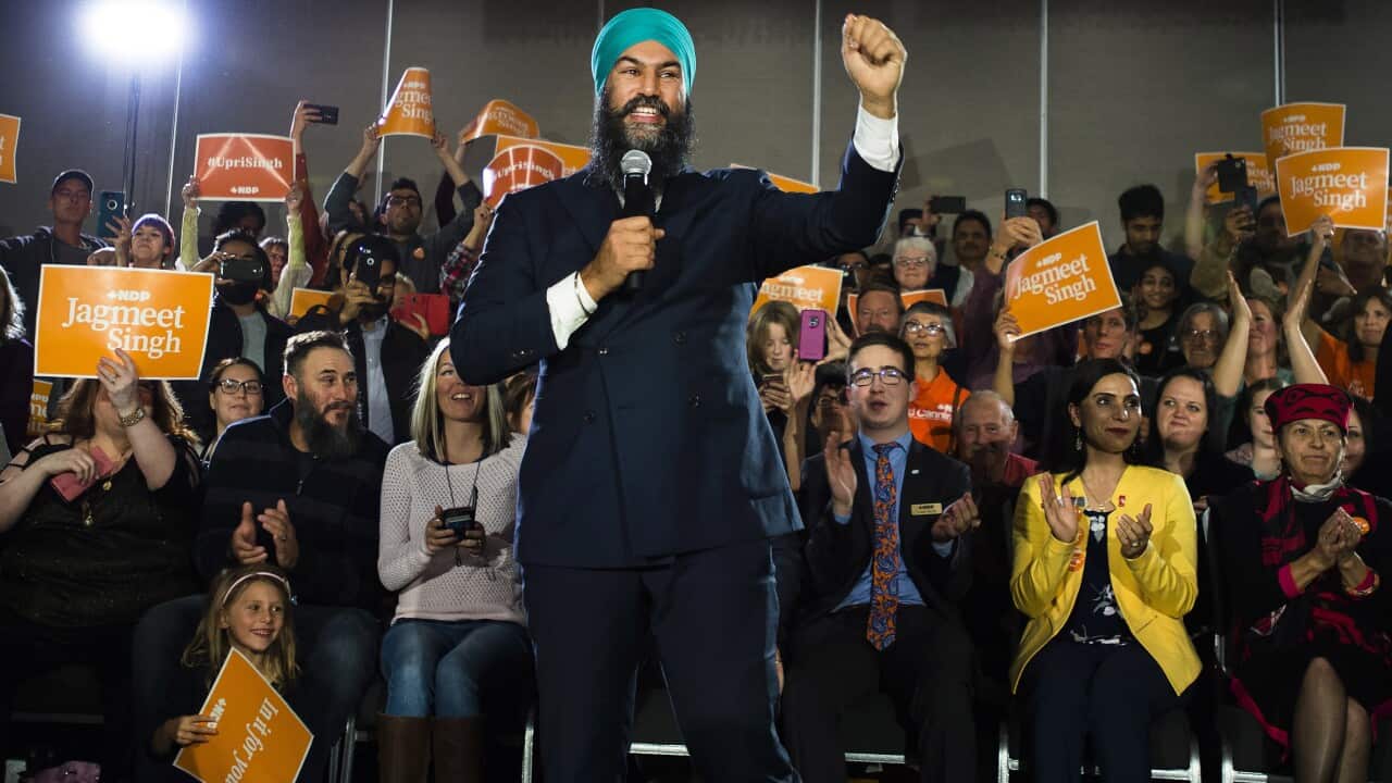 NDP Leader Jagmeet Singh speaks at a rally during a campaign stop in Penticton, British Columbia, on Saturday, Oct. 19, 2019. (Nathan Denette/The Canadian Press via AP)