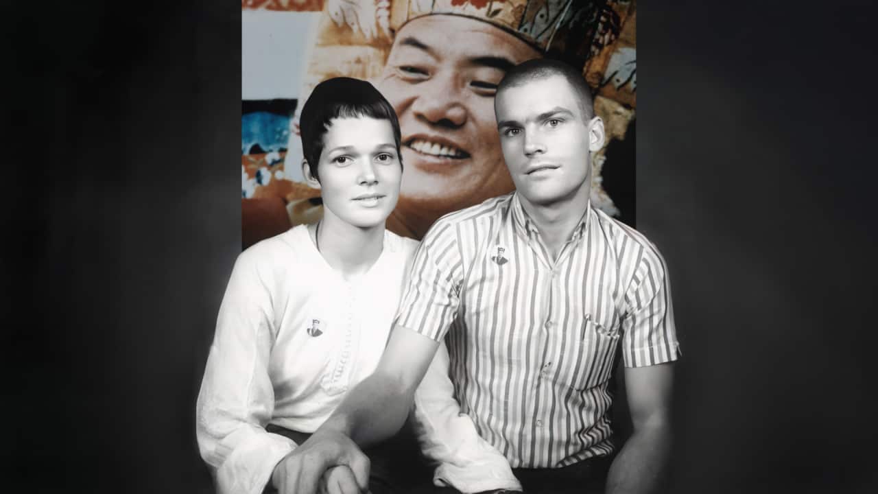 A composite image of the 16th Karmapa, Rangjing Rigpe Dorje (C) and a young Hannah Nydahl (L) and Ole Nydahl (R).