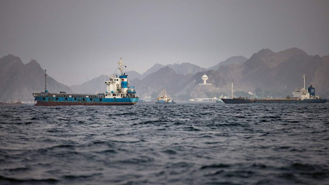 Ships on choppy water off a mountainous coastline.