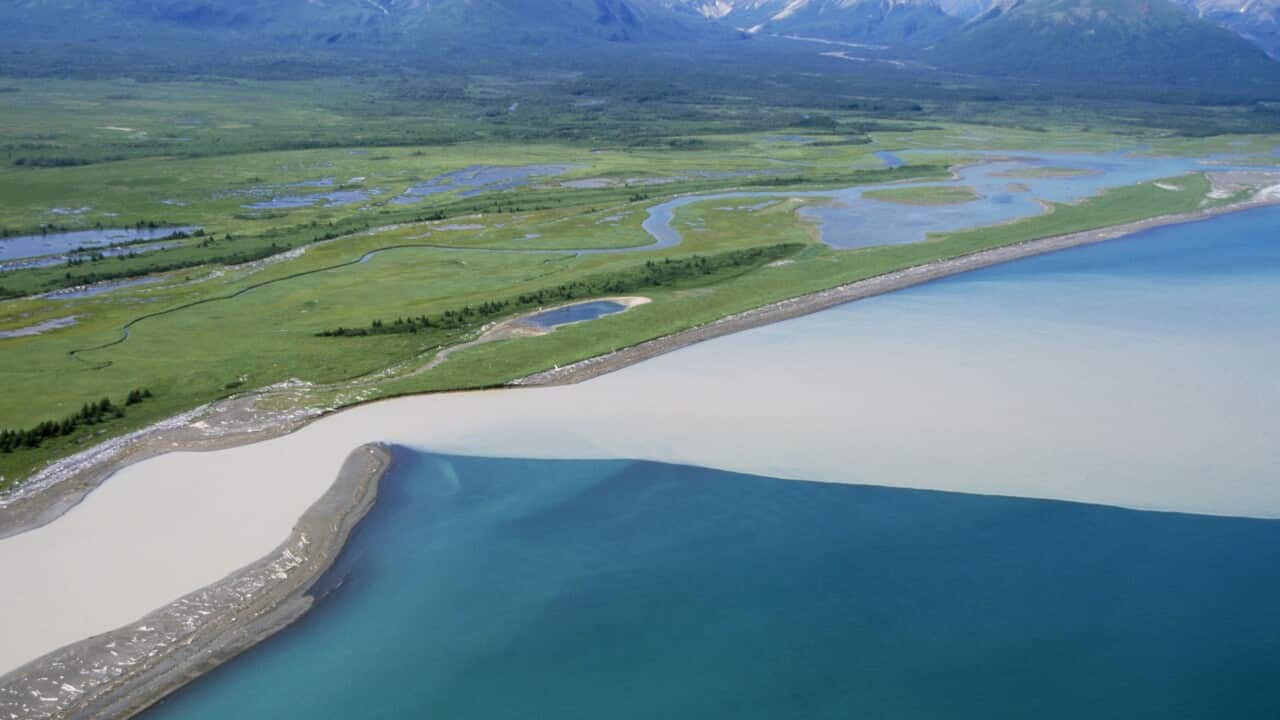 Alaska USA - showing river joining sea  (AAP/Mary Evans/Ardea/M. Watson) | NO ARCHIVING, EDITORIAL USE ONLY