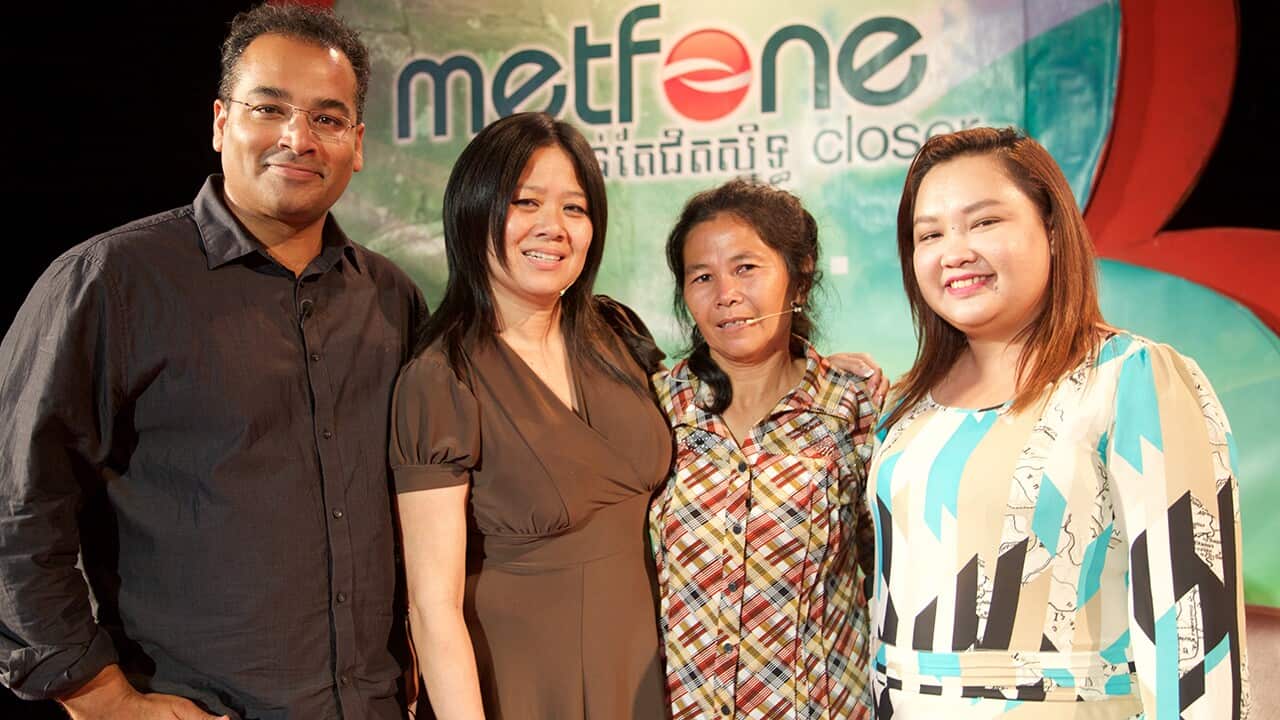 Krishnan with Hong and Bo, reunited after 35 years apart, alongside program producer Sokha Youk (right).