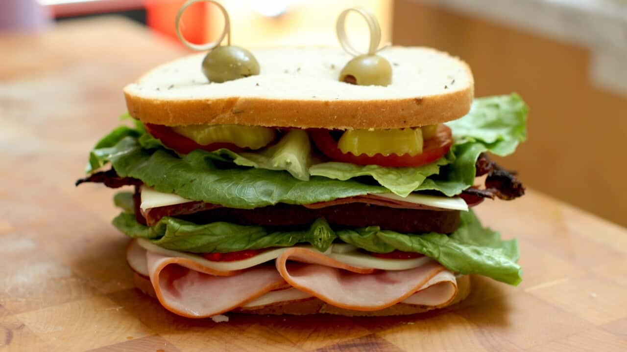 This May 18, 2015 photo shows Father's Day Dagwood sandwich in Concord, N.H. (AP Photo/Matthew Mead)