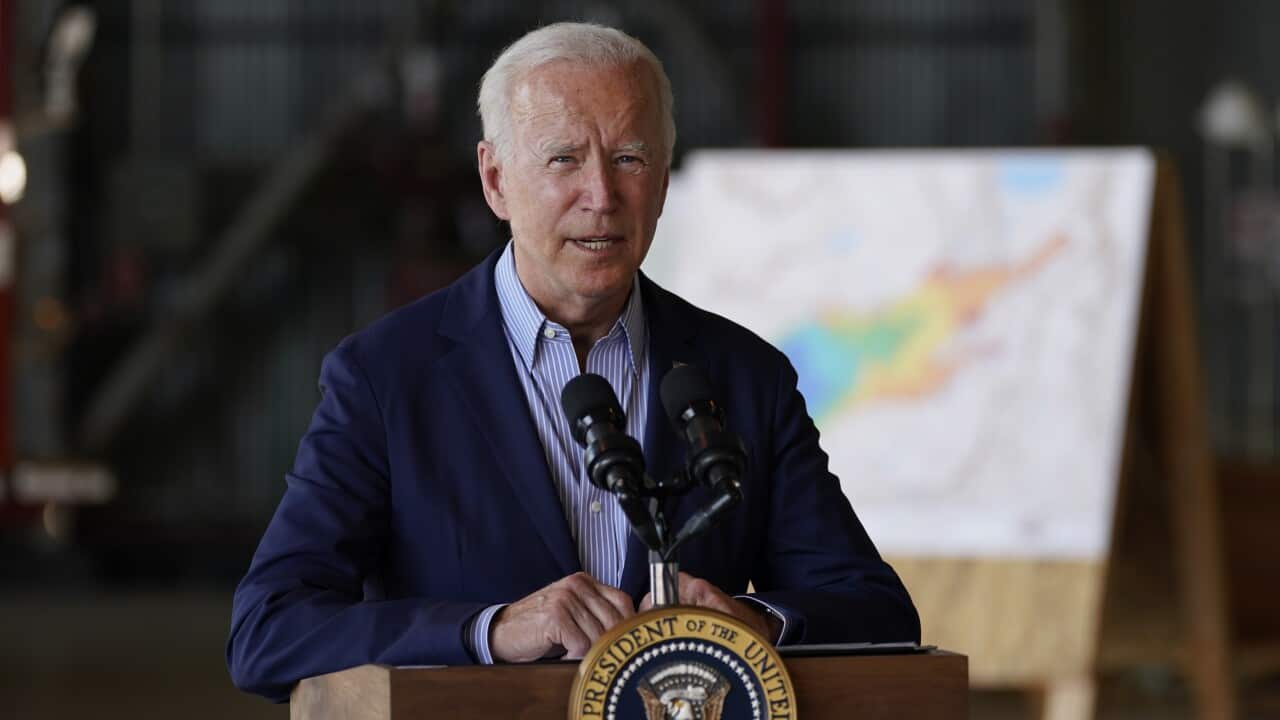 US President Joe Biden speaks about recent wildfires at Sacramento Mather Airport.
