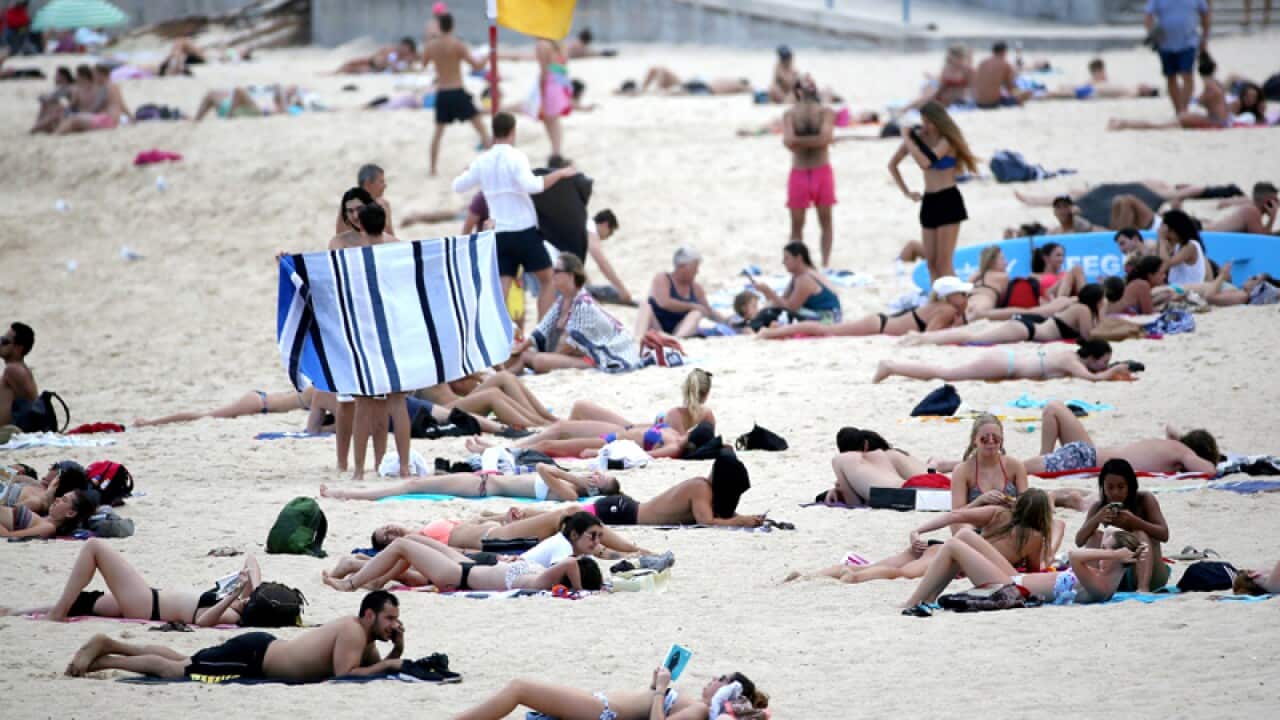 People sit in the sunshine on Coogee beach