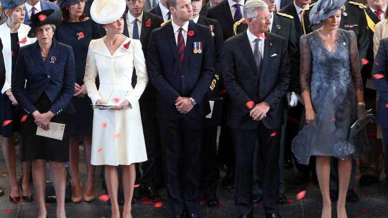 Prime Minister Theresa May (left), the Duke and Duchess of Cambridge King Philippe (second right) and Queen Mathilde (right)