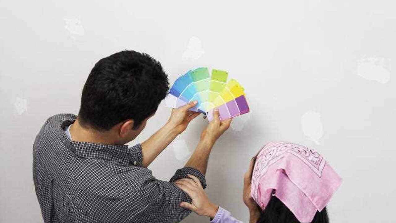 Couple looking at paint samples near interior wall back view elevated view
