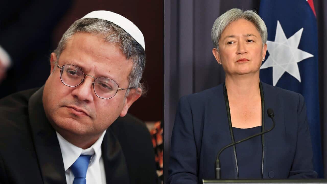 A composite image of a man wearing a black suit, a blue tie, glasses and a yarmulke looking on (left) and a woman wearing a blue suit looking sternly
