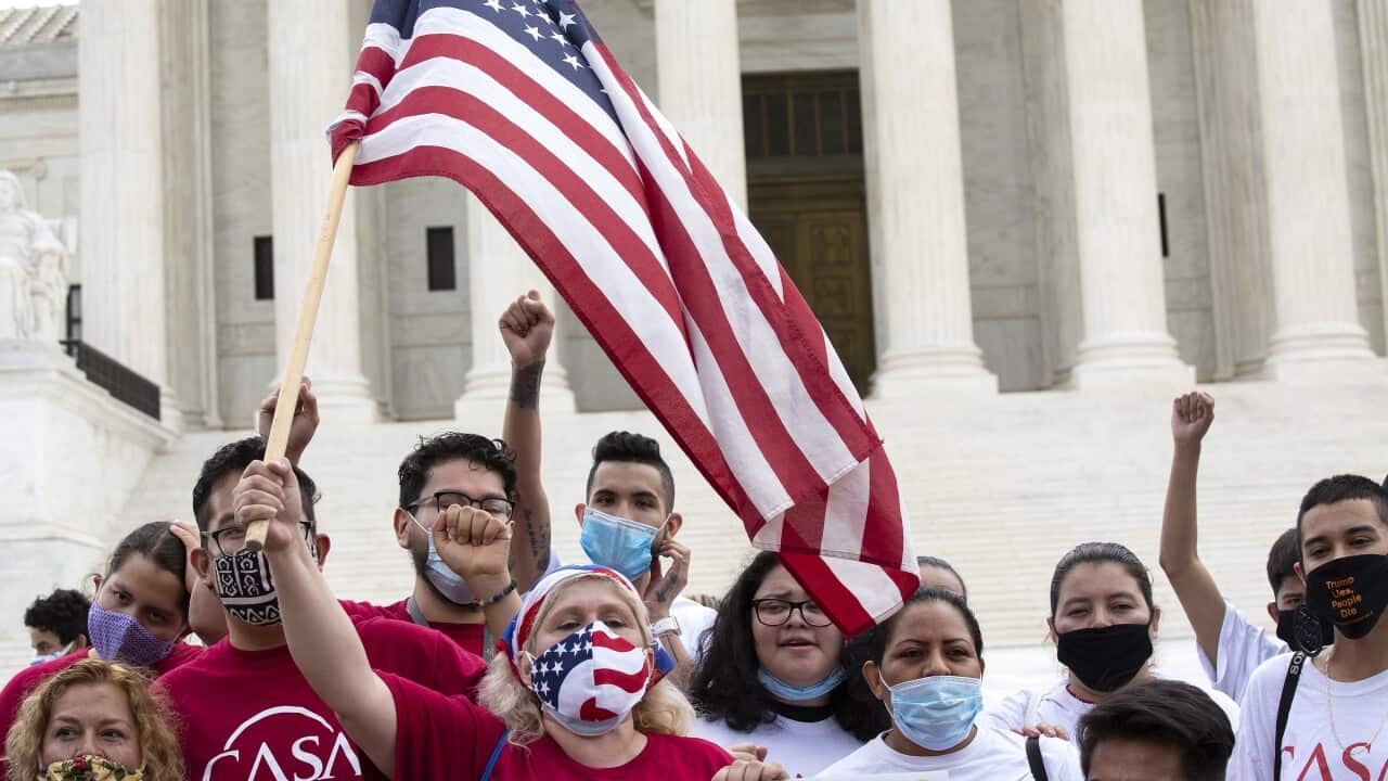 A group of people rally outside the United States Supreme Court in Washington D.C., U.S., on Thursday, June 18, 2020.