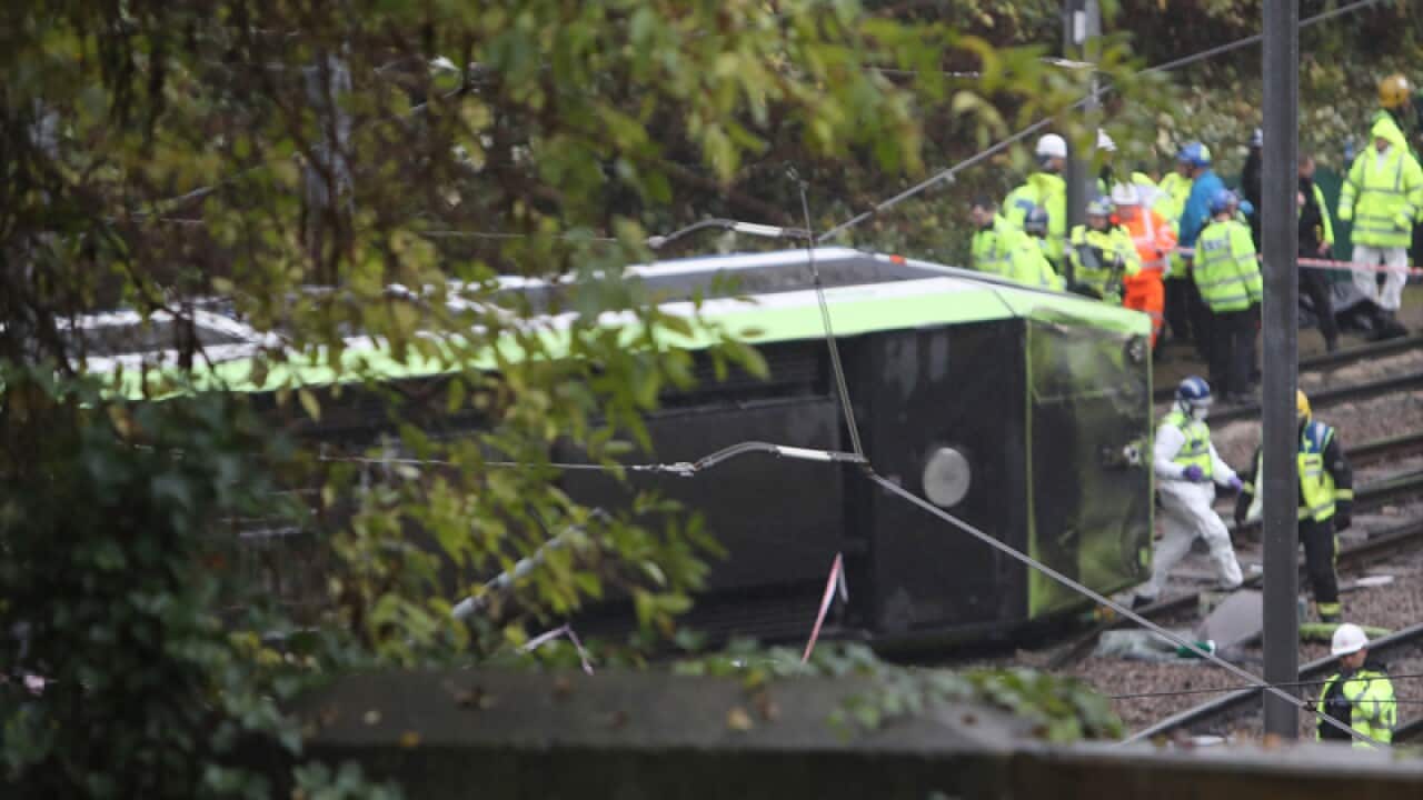 The scene after a tram overturned in Croydon