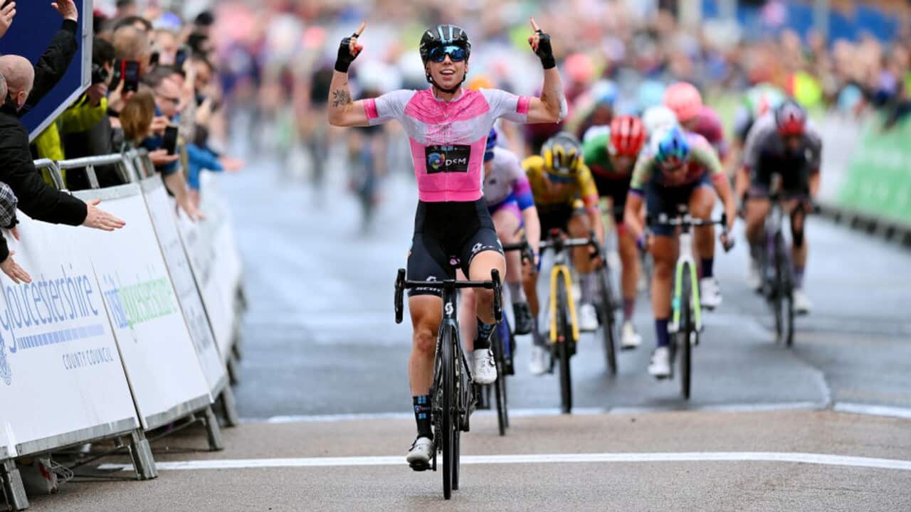 Lorena Wiebes (Team DSM) celebrates as she crosses the finish line