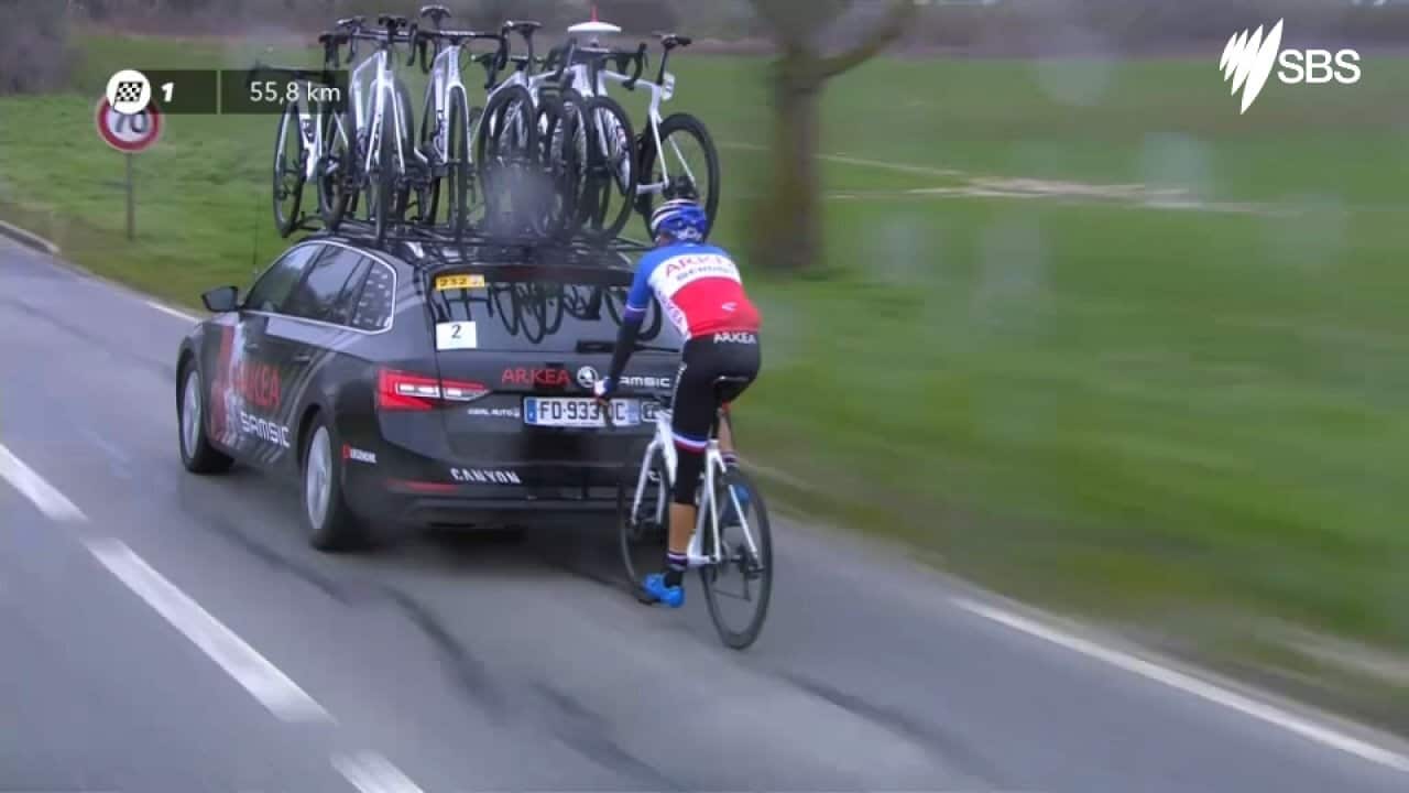 Warren Barguil spends a bit too long behind his team car and is disqualified from Paris-Nice 2020