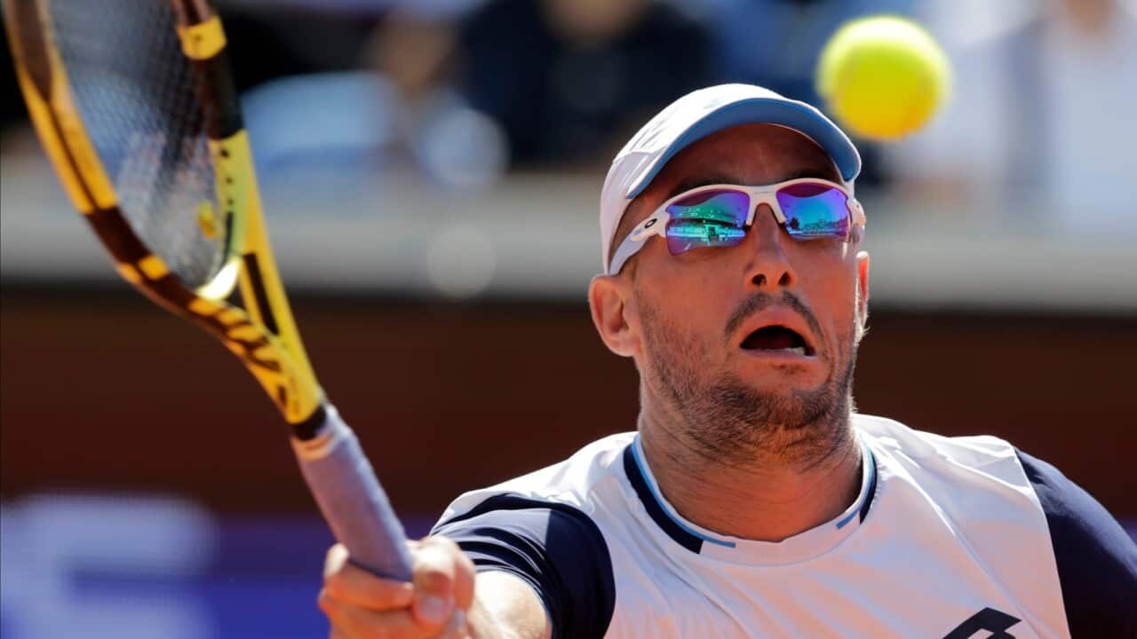 Viktor Troicki of Serbia returns the ball to Filip Krajinovic of Serbia during the Adria Tour tennis tournament in Belgrade, Serbia, 14 June 2020. The Adria Tour will be held until 05 July in a number of Balkan countries.
