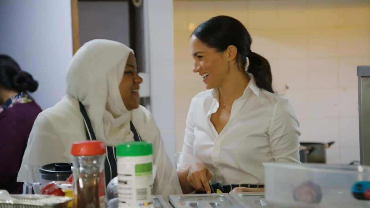 Duchess of Sussex cooking with women in the Hubb Community Kitchen at the Al Manaar Muslim Cultural Heritage Centre in West London.