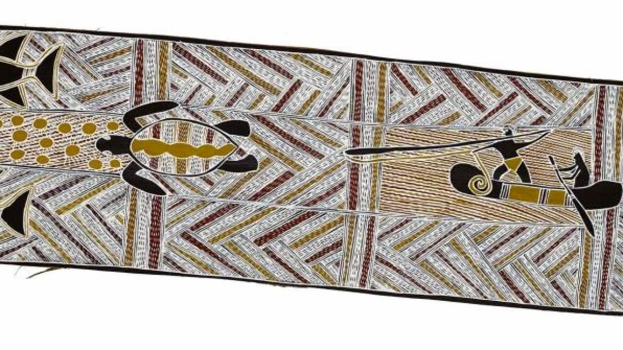 Bark painting Dhuwa Turtle Hunt (Supplied National Maritime Museum of Australia)