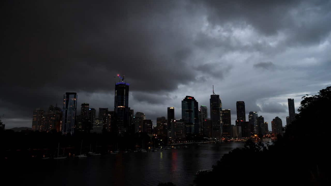 Storm clouds passing over the Brisbane skyline