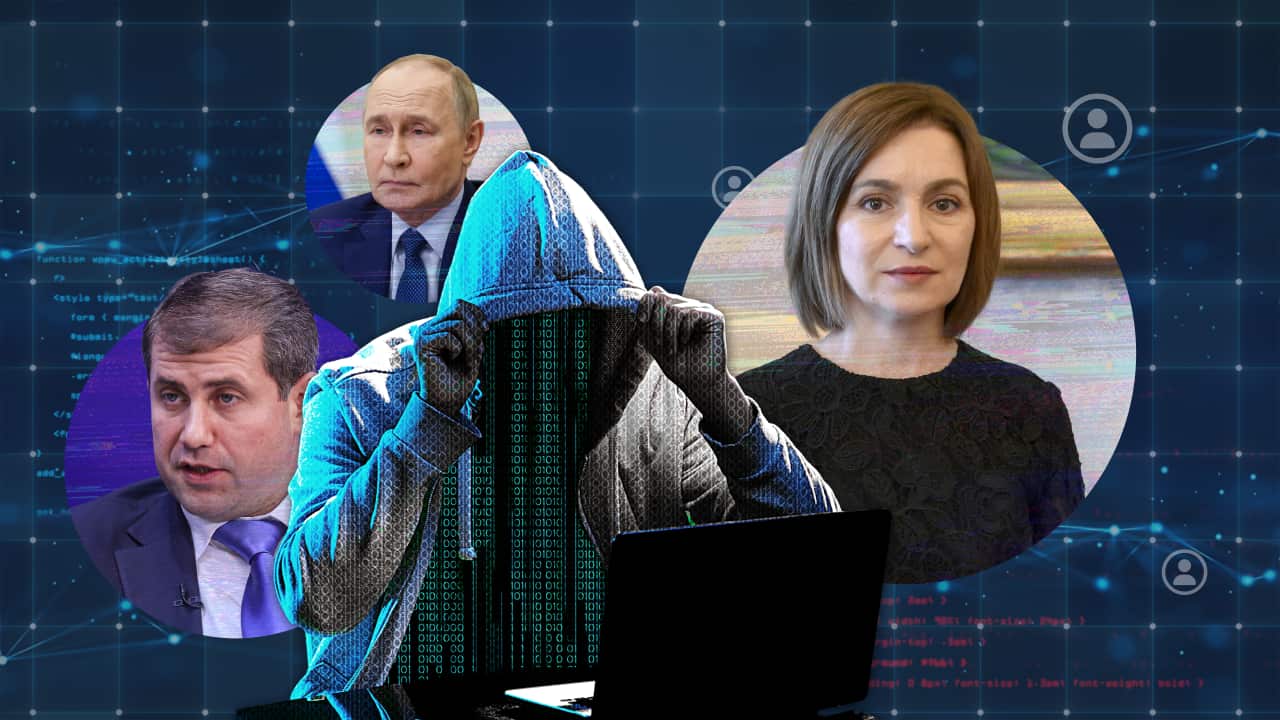 A graphic image showing the headshots of three people and a inset of a hacker.